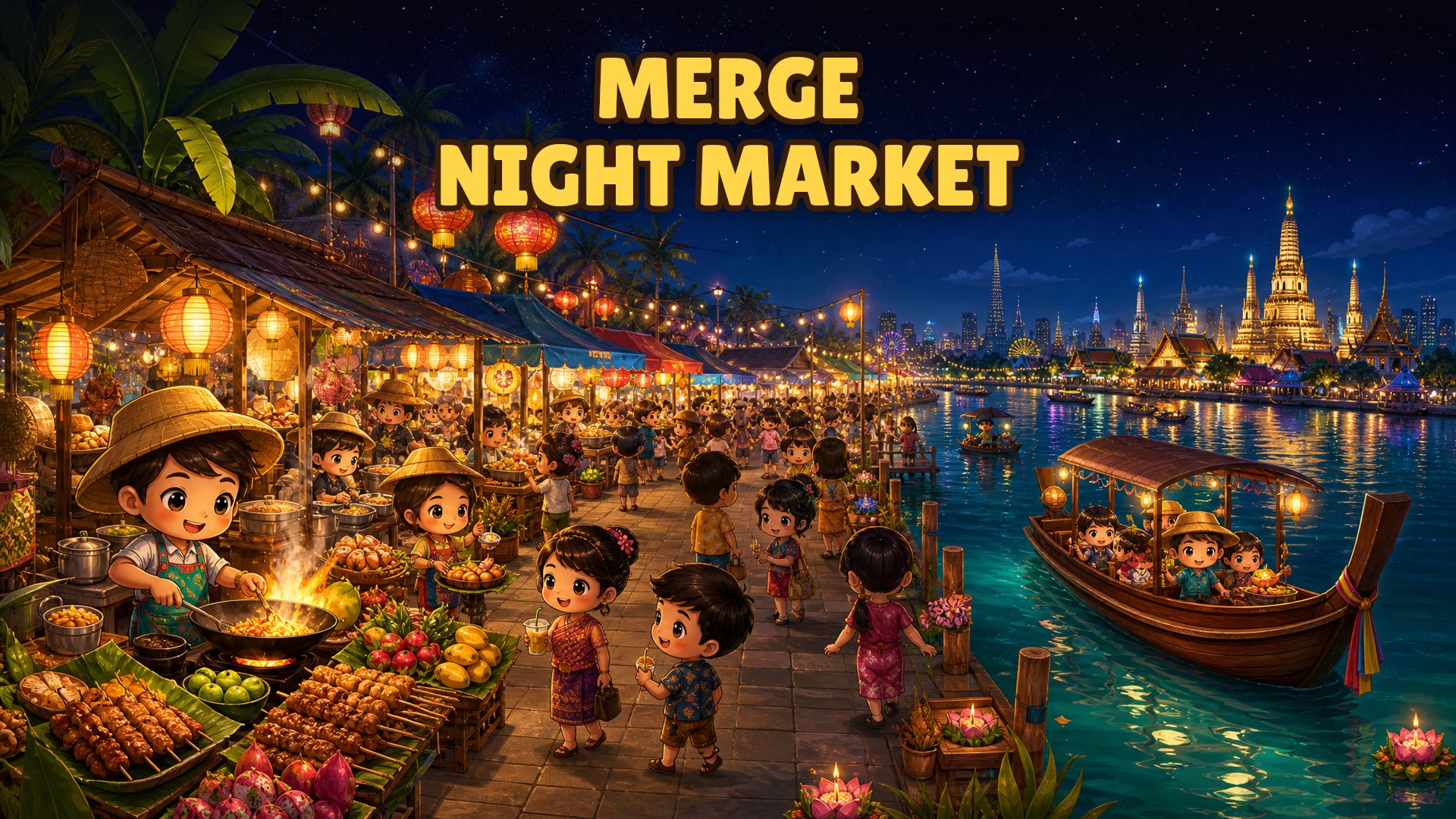 Merge Night Market — a glowing Thai night market full of food stalls